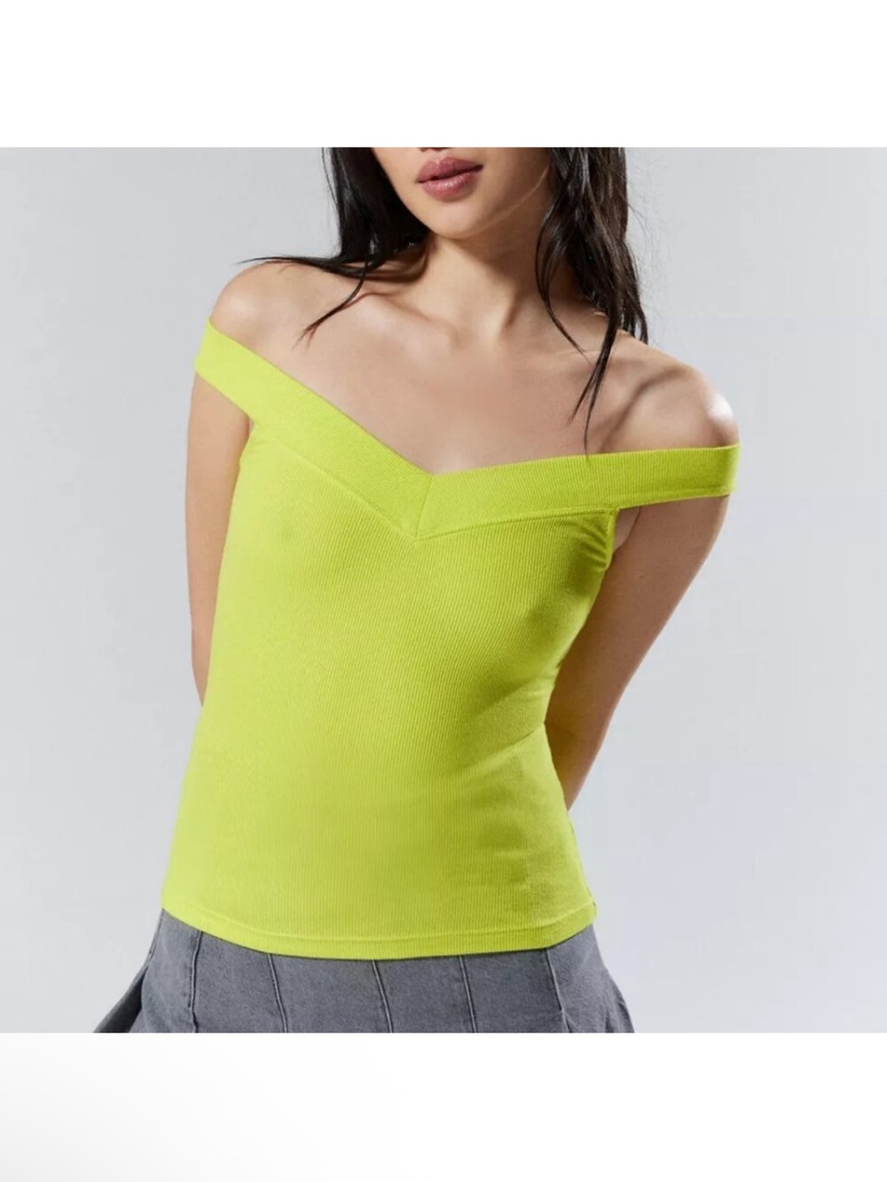 UO Silence + Noise Veronica Off The Shoulder Lime Green Tank Top
